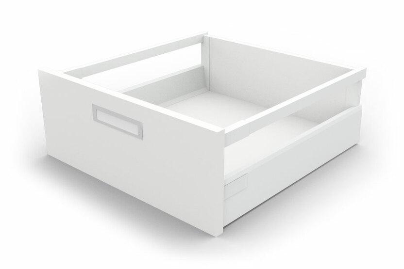 Detailaufnahme einer weißen Stahlzargenschublade für Aktenschränke mit Beschriftungsmöglichkeit